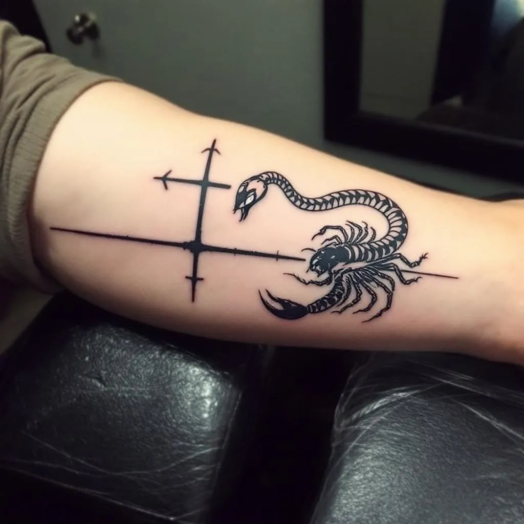 This is my arm. I want an image of a black tattoo. It should be a snake with tail wrapped twice around my wrist, then continuing around the back of my  arm up toward the top left of my arm where the snakes head will be. It should have white eyes and have fangs out like it's ready to strike. The head should be to the left of the black line on my arm close to it.  On the other right side of the black line should be a scorpion also with white eyes and a stinger defending itself from the snake. 