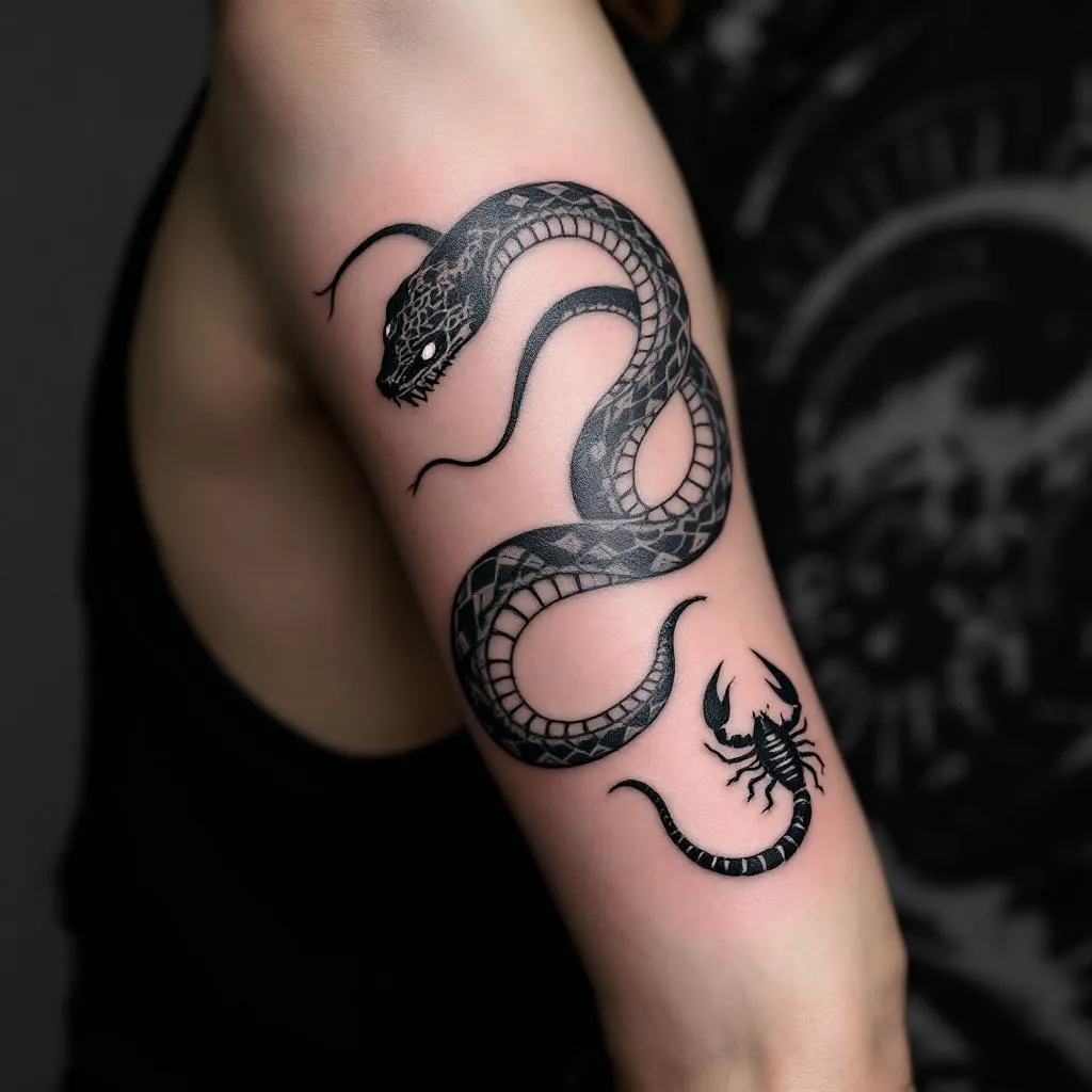 This is my arm. I want an image of a black tattoo. It should be a snake with tail wrapped twice around my wrist, then continuing around the back of my  arm up toward the top left of my arm where the snakes head will be. It should have white eyes and have fangs out like it's ready to strike. The head should be to the left of the black line on my arm close to it.  On the other right side of the black line should be a scorpion also with white eyes and a stinger defending itself from the snake. 