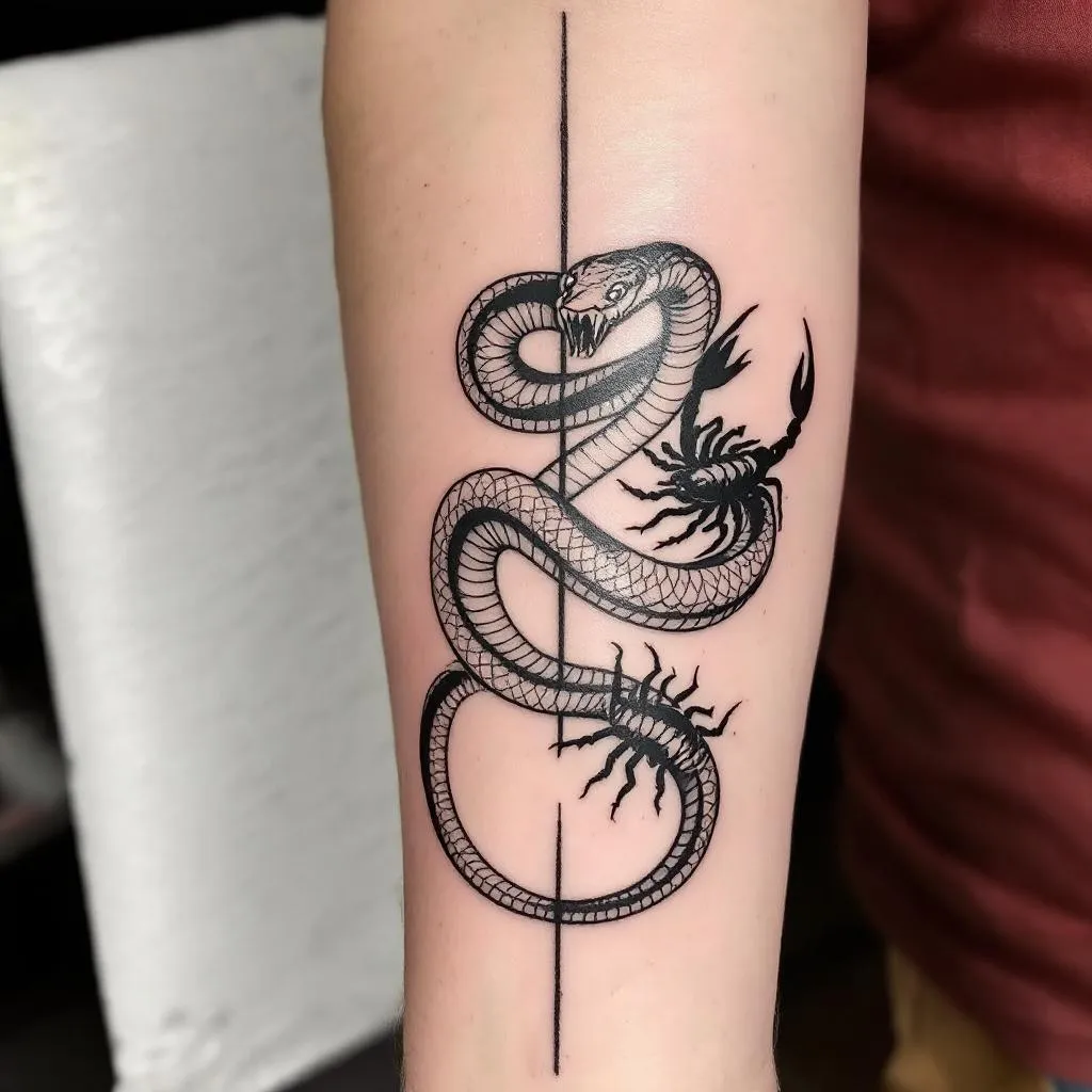 This is my arm. I want an image of a black tattoo. It should be a snake with tail wrapped twice around my wrist, then continuing around the back of my  arm up toward the top left of my arm where the snakes head will be. It should have white eyes and have fangs out like it's ready to strike. The head should be to the left of the black line on my arm close to it.  On the other right side of the black line should be a scorpion also with white eyes and a stinger defending itself from the snake. 