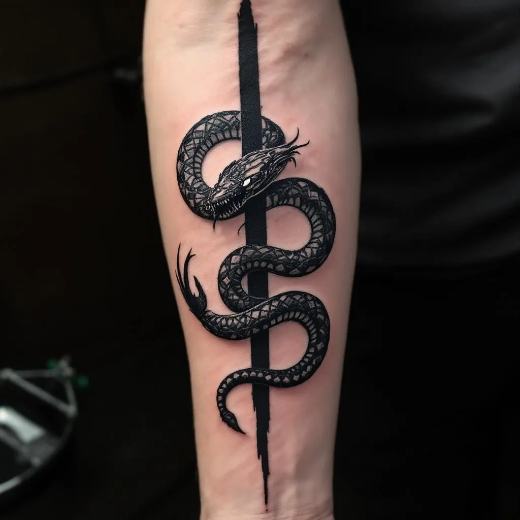 This is my arm. I want an image of a black tattoo. It should be a snake with tail wrapped twice around my wrist, then continuing around the back of my  arm up toward the top left of my arm where the snakes head will be. It should have white eyes and have fangs out like it's ready to strike. The head should be to the left of the black line on my arm close to it.  On the other right side of the black line should be a scorpion also with white eyes and a stinger defending itself from the snake. 