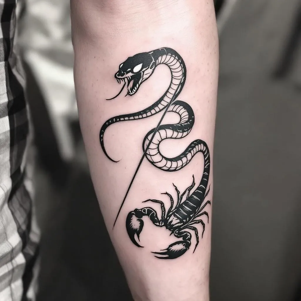This is my arm. I want an image of a black tattoo. It should be a snake with tail wrapped twice around my wrist, then continuing around the back of my  arm up toward the top left of my arm where the snakes head will be. It should have white eyes and have fangs out like it's ready to strike. The head should be to the left of the black line on my arm close to it.  On the other right side of the black line should be a scorpion also with white eyes and a stinger defending itself from the snake. 