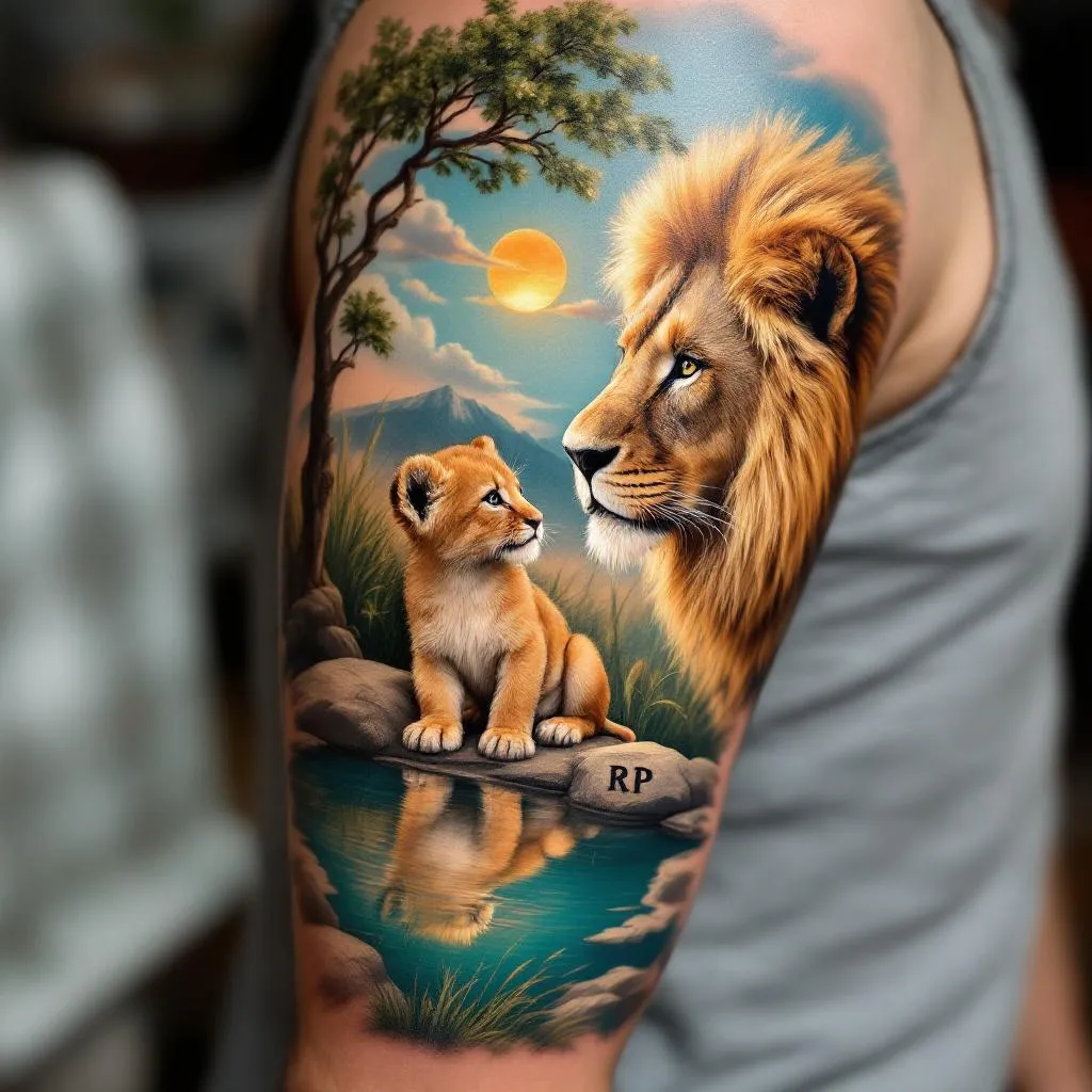 I want an upper arm sleeve with a lion cub sitting on a rock, looking into a pond in the beautiful sahra. There are trees in the background. The rock has the initials RP carved into it. There are trees in the background and tall grass as well. In the reflection of the pond is the face of a beautiful majestic lion with a full mane looking back at the cub. The sun shines on the bond and there are a few clouds in the sky as well. 