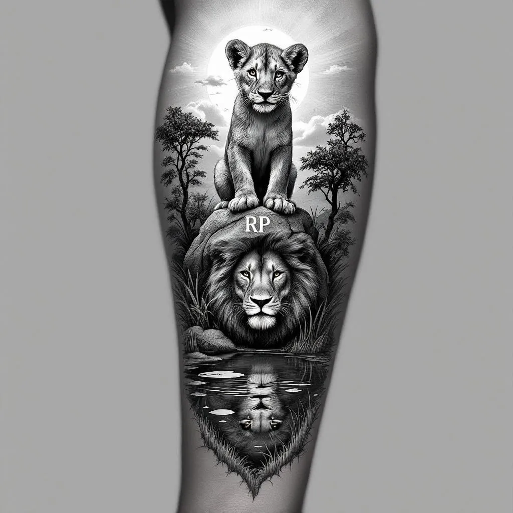 Generate an intricate tattoo design for a male with a medium skin tone. The design will position on his upper arm, in a sleeve style. The central focus is a courageous lion cub, perched atop a rock amidst the engaging scenery of the Saharan wilderness. The rock artfully bears the initials 'RP'. Wrapped around this centerpiece are luscious trees and whispers of tall grass adding to the scenery's depth.
Nested within the scene is a tranquil pond that mirrors a surprising revelation. From its reflective surface emerges the face of a majestic adult lion, with a full mane reflecting back at the cub, signaling a promise of the cub's powerful future.
In the backdrop, the sun rays illuminate the scene, peeking out from the scattering of fluffy clouds in the sky. Aligning with the black and white request, render the whole design in greyscale, creating an impactful, timeless symbol.