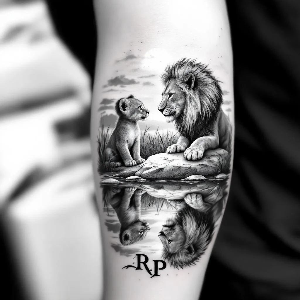 Design an intricate black and white tattoo for an upper arm sleeve, suited for a male with a medium skin tone. The focus of the tattoo is a lion cub placed against a serene Saharan landscape. The cub sits on a rock, etched with the initials "RP", observing its reflection in a tranquil pond. The reflected image showcases not the cub, but the grandeur of a majestic, fully-maned lion conveying the cub's potential. The reflection should be upside down. Ensure tall grasses surround the scene, and dot the horizon with an array of trees. Allow the sun to cast a luminous glow onto the bond shared between the cub and its reflection, adding depth through shadows under a sparse scattering of clouds. Let the design evoke a sense of whimsicality and strength.
