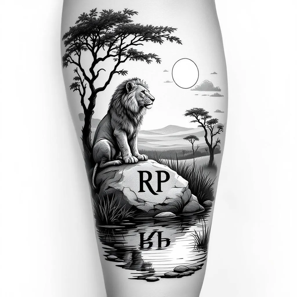 Design a traditional American-style tattoo for a medium-skinned male, depicting a sleeve scene on the upper arm. The scene will feature a lion cub sitting on a rock in the midst of a serene Sahara landscape with the initials 'RP' carved into it. Surrounding this rock are swaying trees and tall grass. Upon a small adjacent pond, visualize the lion cub's reflection morphing into a majestic adult lion, complete with a full, commanding mane. The sun graces this tranquil setting, its rays making a shimmering show on the pond's surface, while a handful of cotton-puff clouds float idly by in the background sky. The entire design should be in striking black and white.