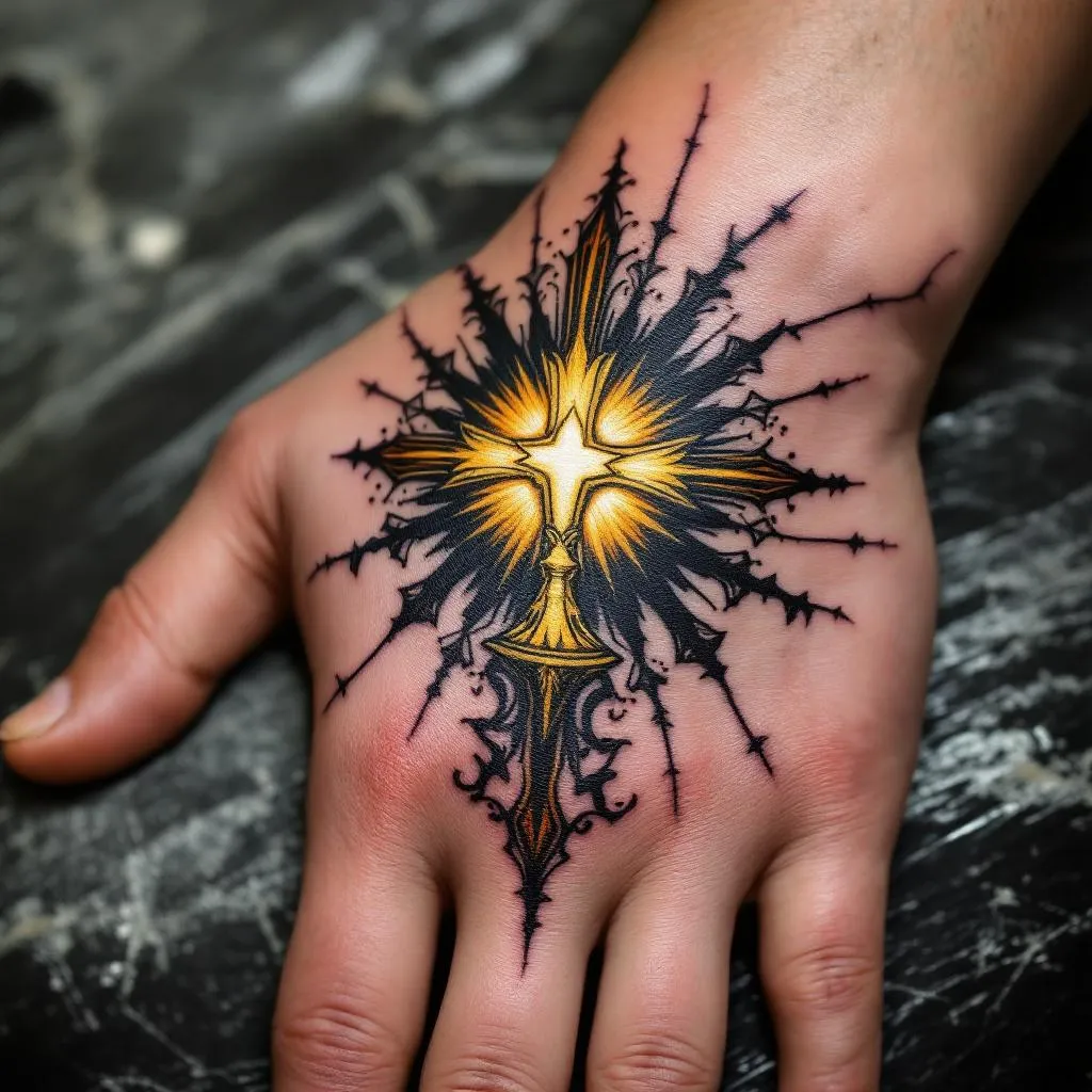 Craft a hyper-realistic tattoo design tailored for a male with a medium-light skin tone. The central masterpiece is a vivid, unique depiction of the Catholic Eucharist symbol. Positioned prominently on the hand, it weaves into intricate shadow patterns that trace along from the base of the palm up to the edges of the knuckles. Emphasis should be on a smooth transition of the shadows in coherence with the skin tone, creating an intricate blend between artwork and flesh.