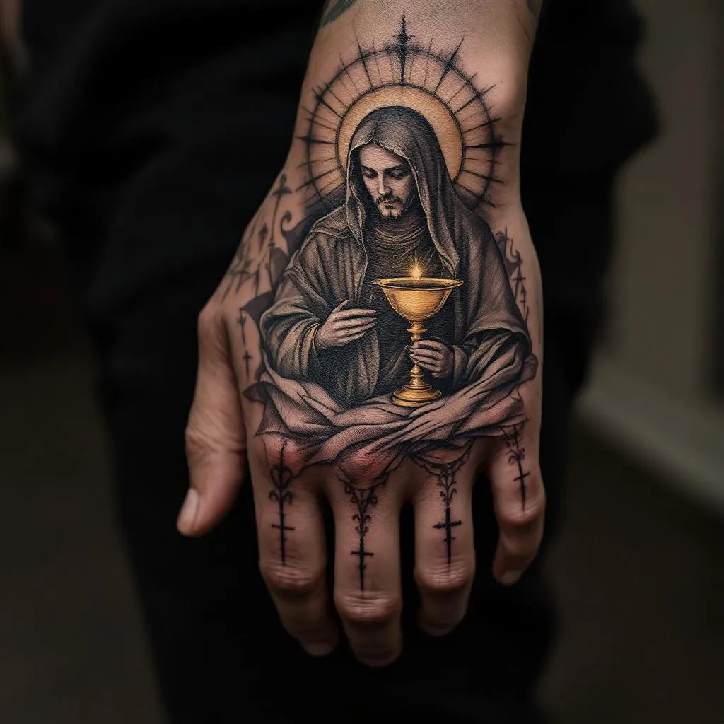 quiero esto en la mano, la eucaristía católica con sombra y que me llegue la sombra hasta los nudillos 