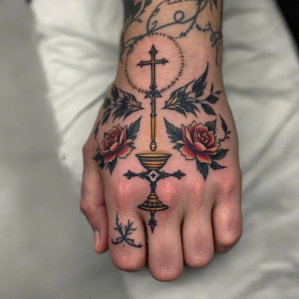 quiero esto en la mano, la eucaristía católica con sombra y que me llegue la sombra hasta los nudillos y que no salga nada más solo la eucaristía 