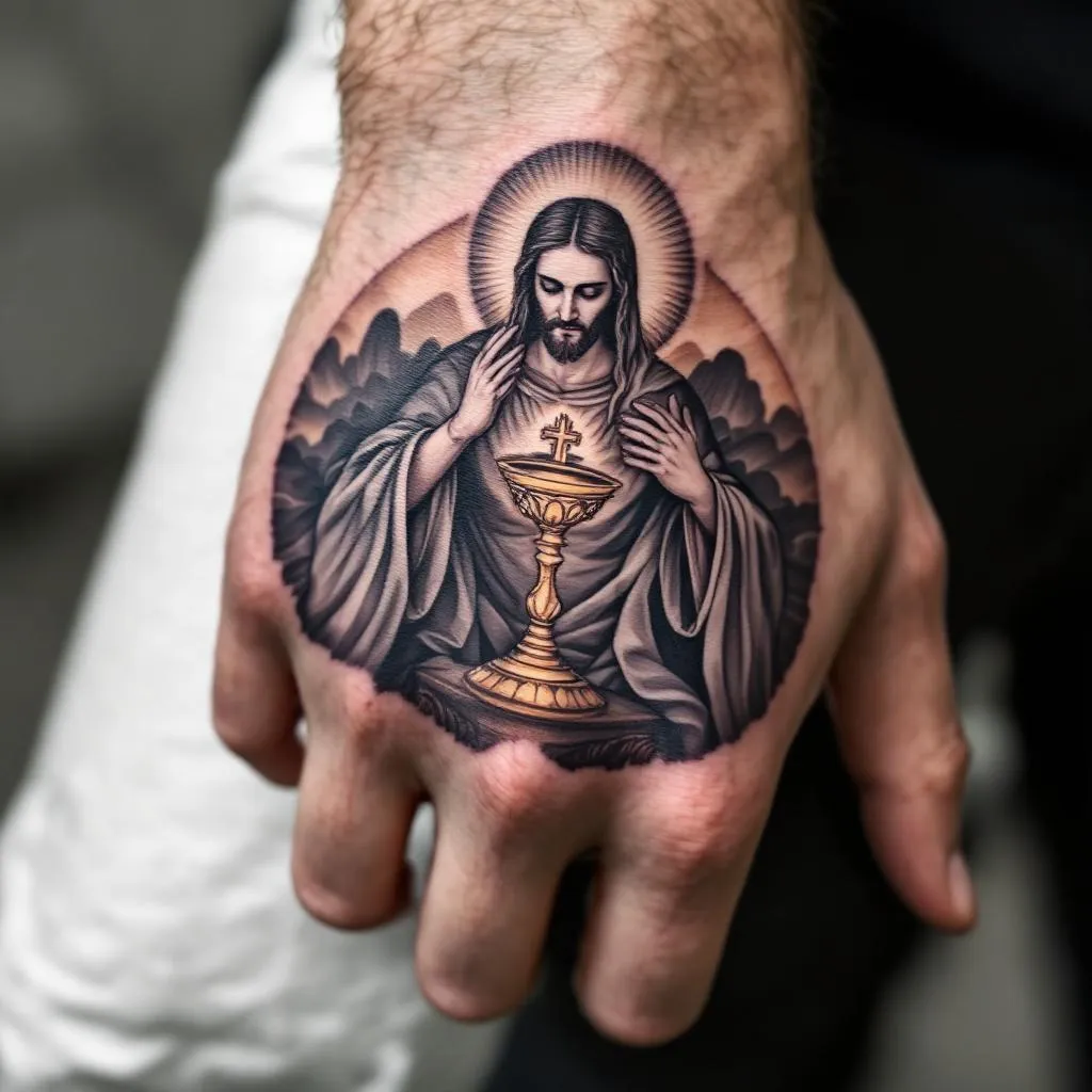 quiero esto en la mano, la eucaristía católica con sombra y que me llegue la sombra hasta los nudillos y que no salga nada más solo la eucaristía 