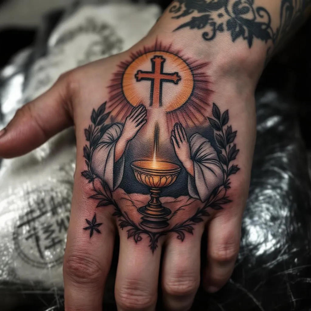 quiero esto en la mano que la cubra completa, la eucaristía católica con sombra y que me llegue la sombra hasta los nudillos y que no salga nada más solo la eucaristía y de forma redonda 