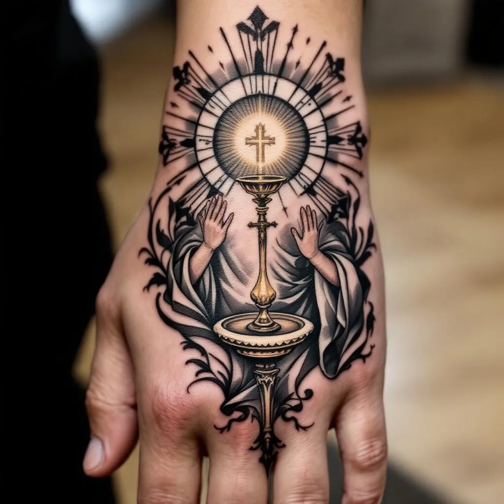quiero esto en la mano que la cubra completa, la eucaristía católica con sombra y que me llegue la sombra hasta los nudillos y que no salga nada más solo la eucaristía y de forma redonda como la foto que envié 