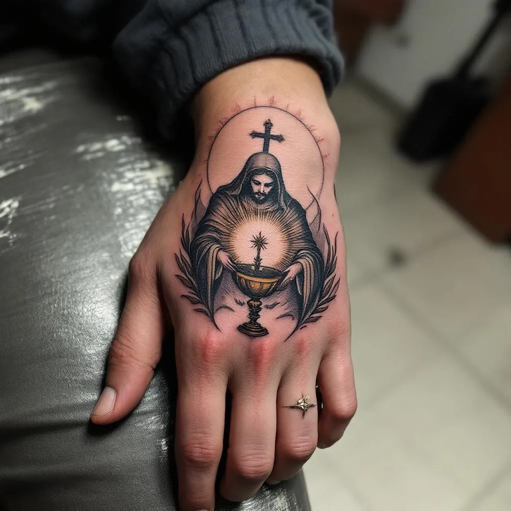 quiero esto en la mano que la cubra completa, la eucaristía católica con sombra y que me llegue la sombra hasta los nudillos y que no salga nada más solo la eucaristía y de forma redonda como la foto que envié 