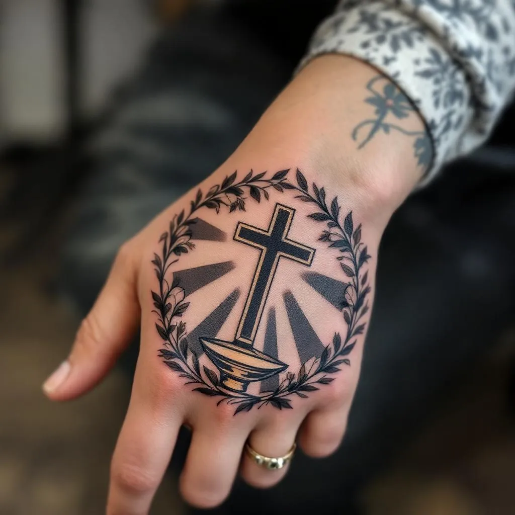 quiero esto en la mano que la cubra completa, la eucaristía católica con sombra y que me llegue la sombra hasta los nudillos y que no salga nada más solo la eucaristía y de forma redonda como la foto que envié 