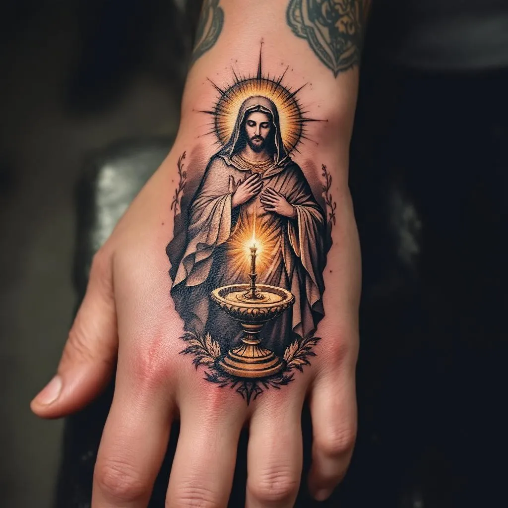 quiero esto en la mano que la cubra completa, la eucaristía católica con sombra y que me llegue la sombra hasta los nudillos y que no salga nada más solo la eucaristía y de forma redonda como la foto que envié 