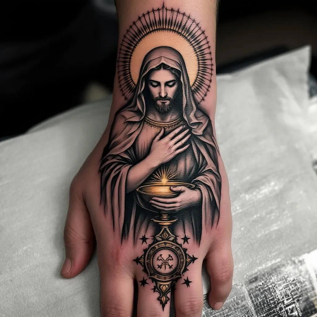 quiero esto en la mano que la cubra completa, la eucaristía católica con sombra y que me llegue la sombra hasta los nudillos y que no salga nada más solo la eucaristía y de forma redonda como la foto que envié 