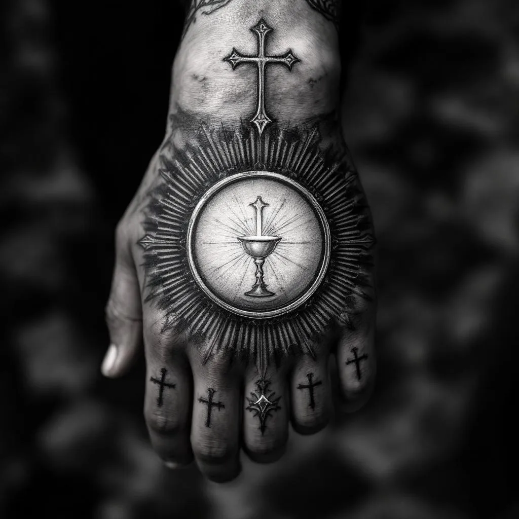 A realistic Catholic Eucharist tattoo design for the hand.
Only a round sacred host (Eucharist) in the center, no other elements, no text, no crosses, no hands, no chalice.
Soft realistic shading around the host, with shadow fading towards the knuckles.
The tattoo should cover the entire hand, circular composition, black and gray realism, high detail, tattoo style, stencil ready.