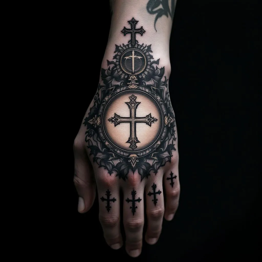 A realistic Catholic Eucharist tattoo design for the hand. 
Only a round sacred host (Eucharist) in the center, no other elements, no text, no crosses, no hands, no chalice. 
Soft realistic shading around the host, with shadow fading towards the knuckles. 
The tattoo should cover the entire hand, circular composition, black and gray realism, high detail, tattoo style, stencil ready.