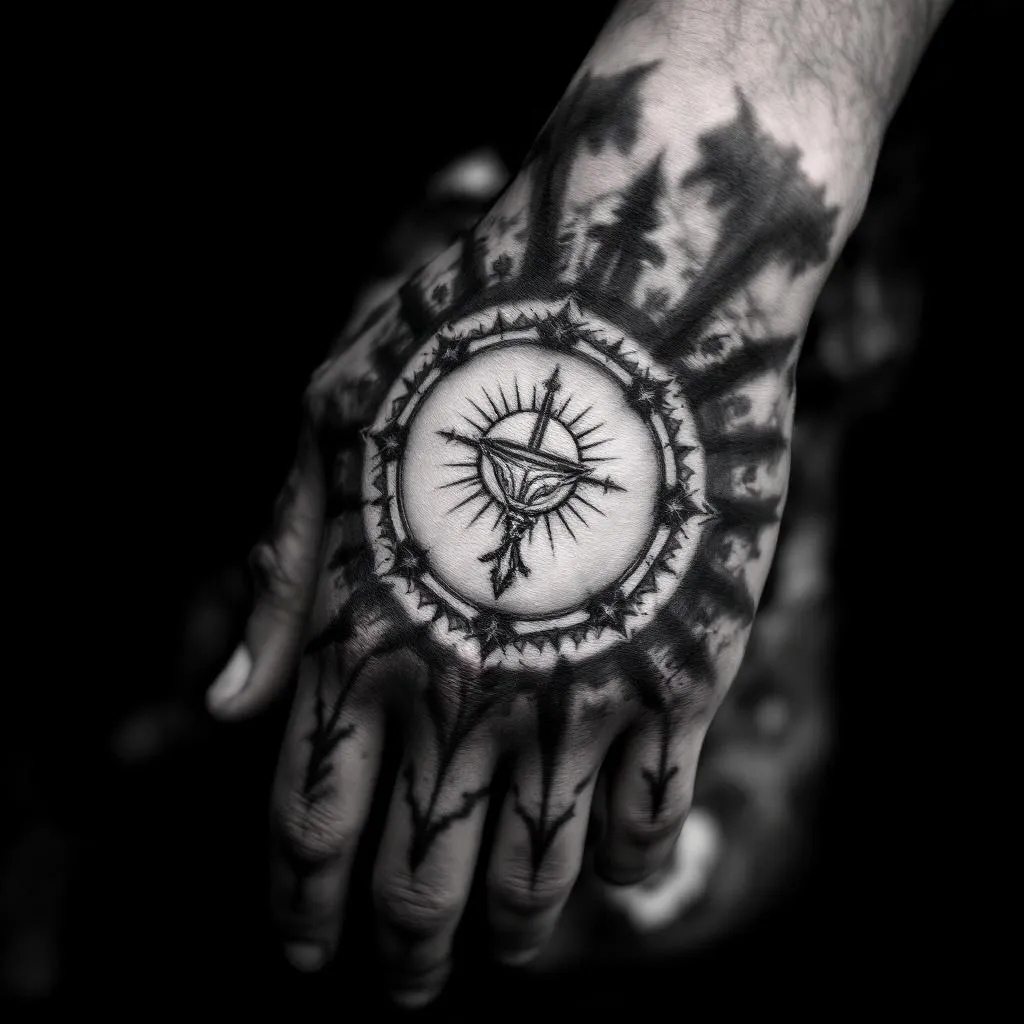 A realistic Catholic Eucharist tattoo design for the hand. 
Only a round sacred host (Eucharist) in the center, no other elements, no text, no crosses, no hands, no chalice. 
Soft realistic shading around the host, with shadow fading towards the knuckles. 
The tattoo should cover the entire hand, circular composition, black and gray realism, high detail, tattoo style, stencil ready.