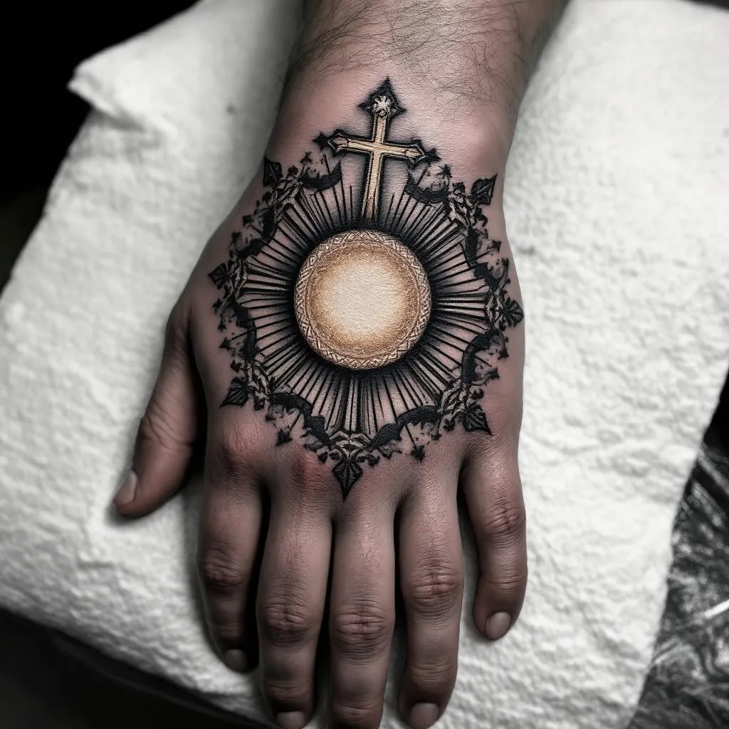 A realistic Catholic Eucharist tattoo design for the hand. 
Only a round sacred host (Eucharist) in the center, no other elements, no text, no crosses, no hands, no chalice. 
Soft realistic shading around the host, with shadow fading towards the knuckles. 
The tattoo should cover the entire hand, circular composition, black and gray realism, high detail, tattoo style, stencil ready.