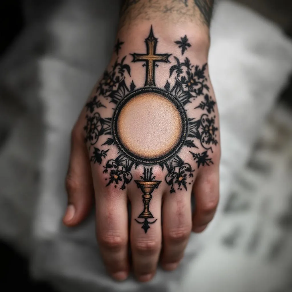 A realistic Catholic Eucharist tattoo design for the hand. 
Only a round sacred host (Eucharist) in the center, no other elements, no text, no crosses, no hands, no chalice. 
Soft realistic shading around the host, with shadow fading towards the knuckles. 
The tattoo should cover the entire hand, circular composition, black and gray realism, high detail, tattoo style, stencil ready.
