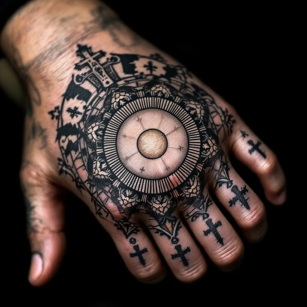 A realistic Catholic Eucharist tattoo design for the hand. 
Only a round sacred host (Eucharist) in the center, no other elements, no text, no crosses, no hands, no chalice. 
Soft realistic shading around the host, with shadow fading towards the knuckles. 
The tattoo should cover the entire hand, circular composition, black and gray realism, high detail, tattoo style, stencil ready.