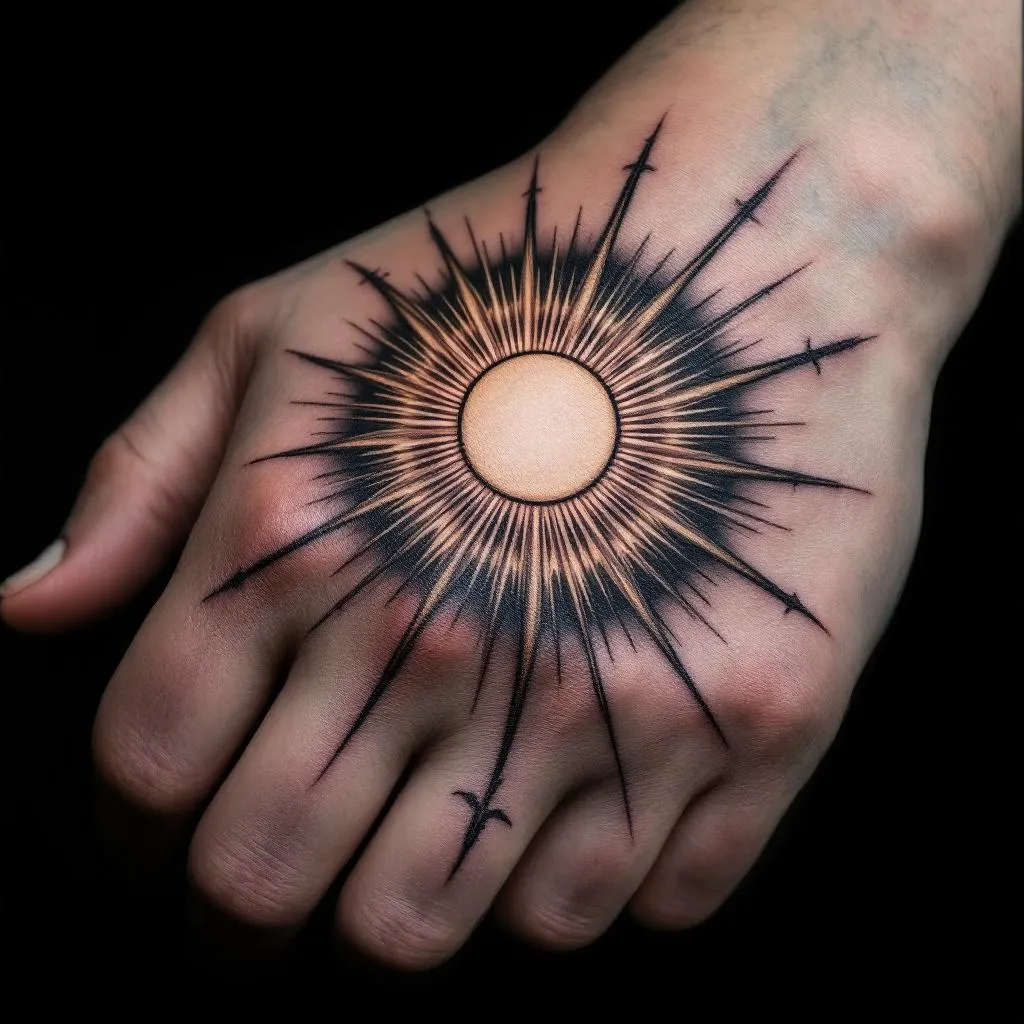 Hyper realistic Catholic Eucharist tattoo design for the hand. 
A round sacred host in the center with sunburst rays like a monstrance, symmetrical and circular. 
No chalice, no base, no cross, no text, no angels, no church elements. 
Soft realistic shading and shadow fading towards the knuckles, full hand coverage. 
Black and gray realism tattoo style, high detail, smooth gradients, stencil ready, tattoo flash.