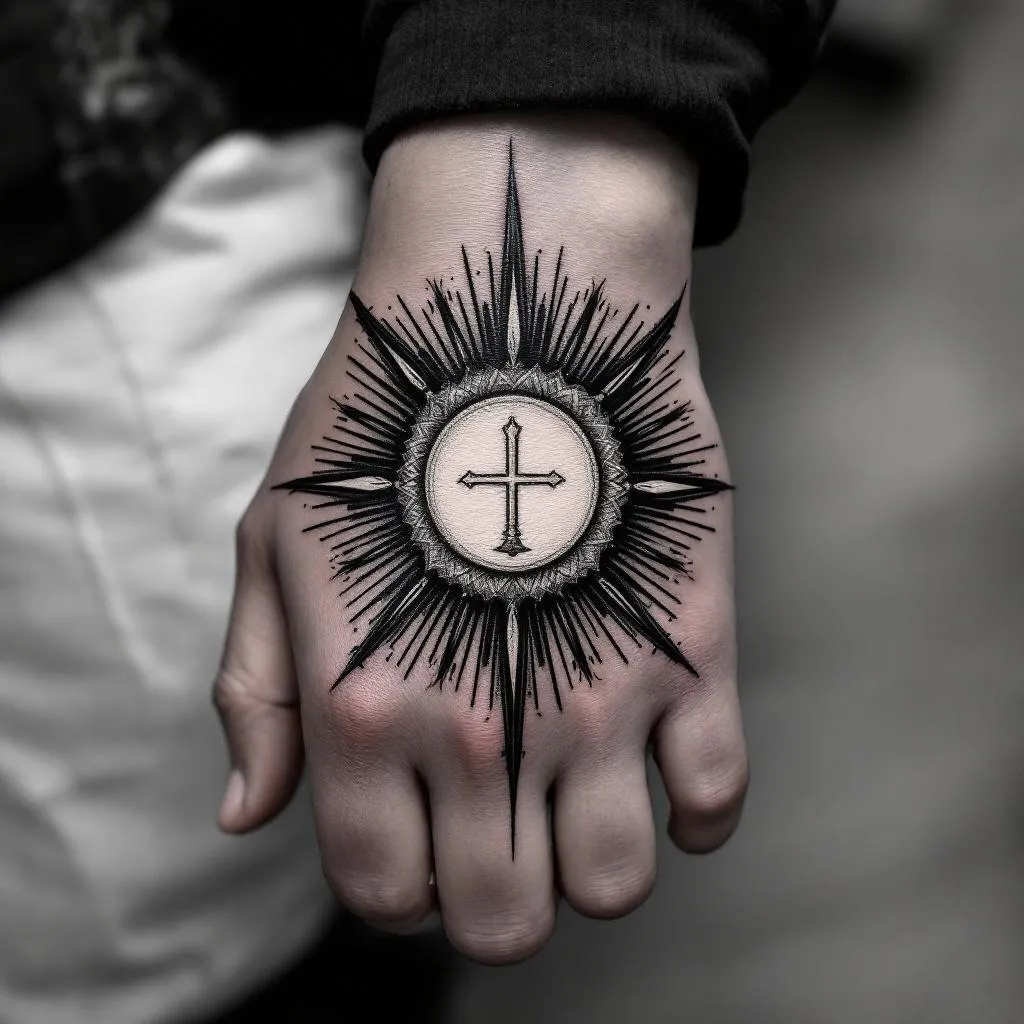 Hyper realistic Catholic Eucharist tattoo design for the hand. 
A round sacred host in the center with sunburst rays like a monstrance, symmetrical and circular. 
No chalice, no base, no cross, no text, no angels, no church elements. 
Soft realistic shading and shadow fading towards the knuckles, full hand coverage. 
Black and gray realism tattoo style, high detail, smooth gradients, stencil ready, tattoo flash.