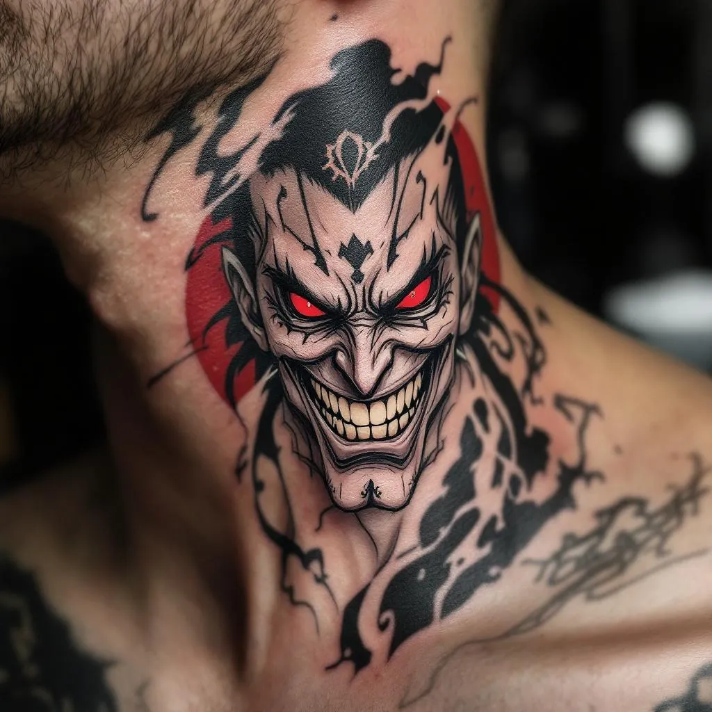 Sukuna from jujutsu kisen anime mouth smiling tatoo on neck 