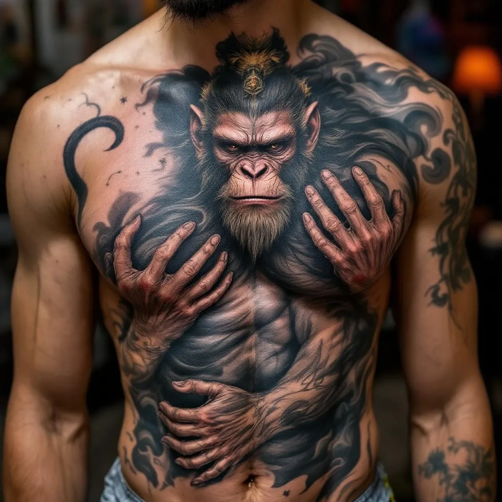 A detailed and realistic tattoo of the Monkey King, massively sprawled across the entire chest area from the left to the right side. The design should complement a medium skin toned, male individual.