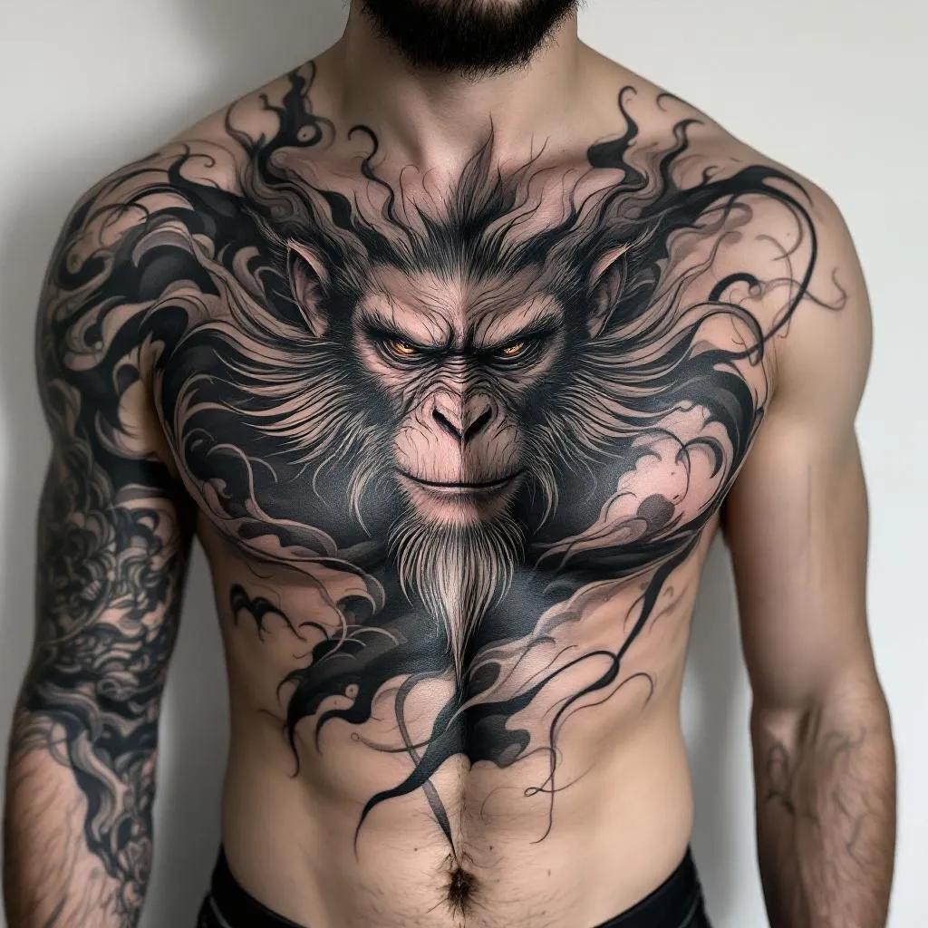 A detailed and realistic tattoo of the Monkey King, massively sprawled across the entire chest area from the left to the right side. The design should complement a medium skin toned, male individual.