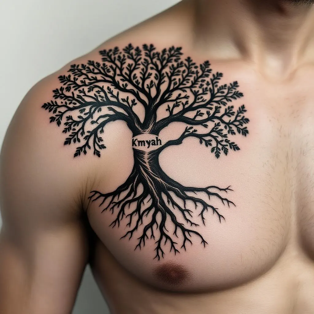 The world tree roots forming a protective sack inside a baby as if I its mother belly still tree engraved the word k'myah tattoo on man shoulder 
