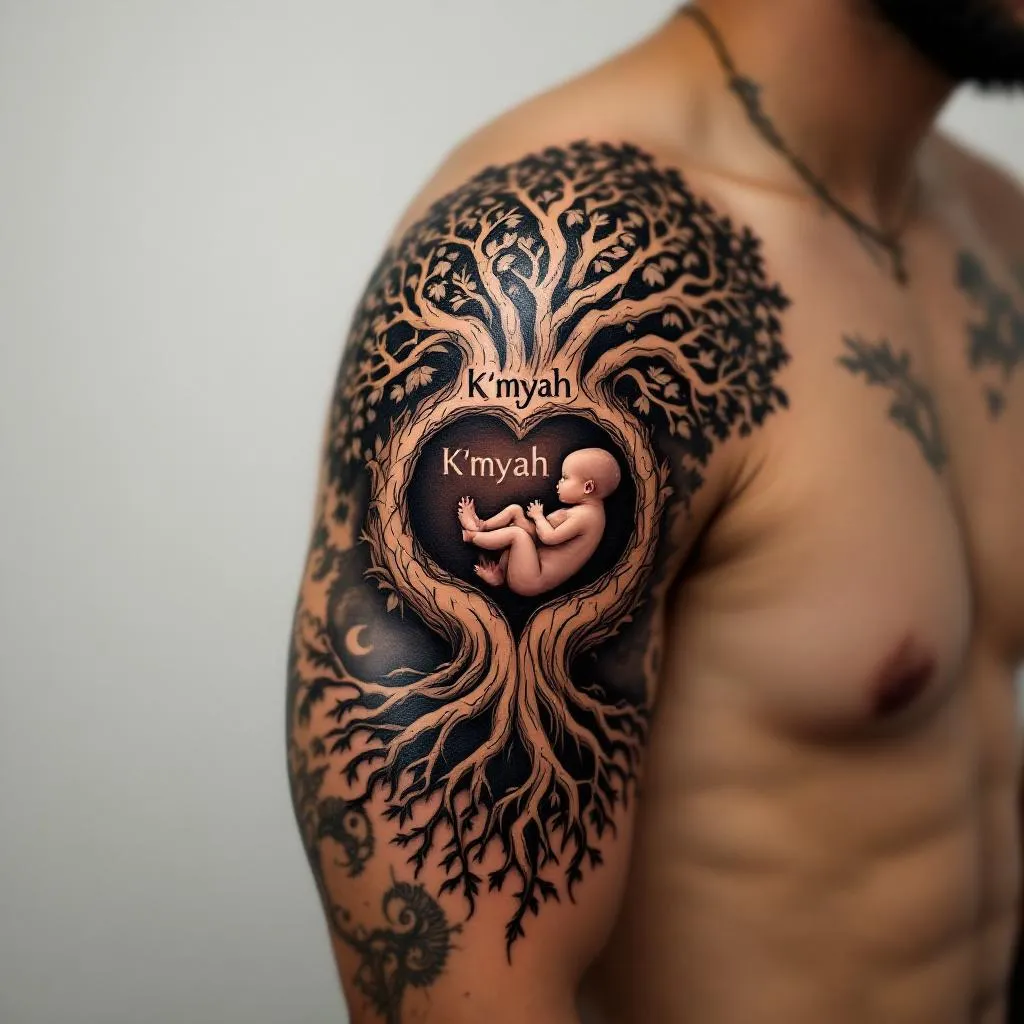 A meticulously crafted tattoo design for a medium-skinned male, featuring the resplendent world tree with roots artistically encircling a newborn baby, sheltered likesome within a mother's womb. The word 'K'myah' is tastefully incorporated within the tree's intricate engravings. This evocative tattoo is envisaged to cover the expanse of a man's shoulder.