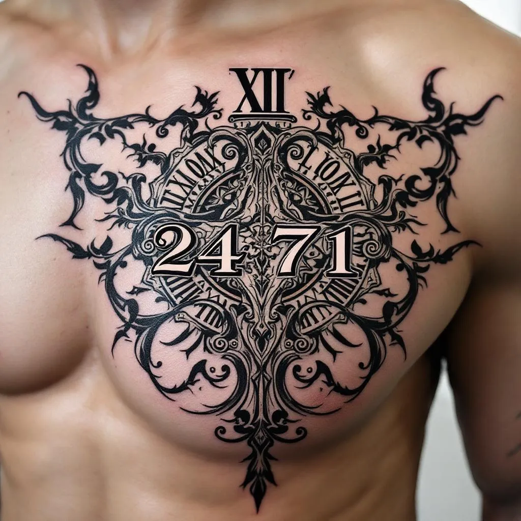 Design a masculine and intricate chest tattoo featuring the date '24 7 1' in classic Roman numerals. Make sure it complements a medium skin tone well. The style should be bold and impactful, symbolizing something unique and personal.
