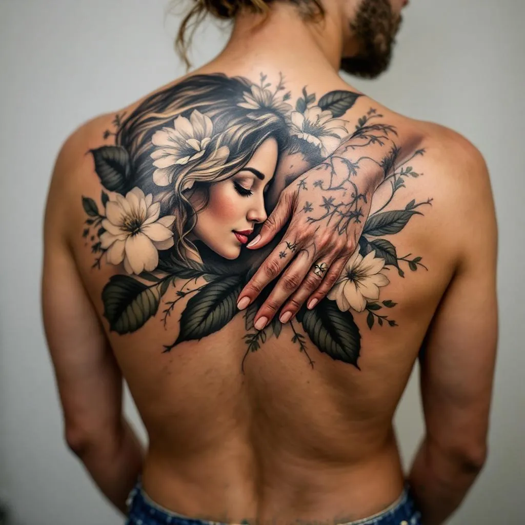 Create a detailed sketch of a back tattoo for a male individual who has a medium skin tone. The design should artistically capture the theme of a maternal figure providing guidance and unwavering support to both her daughter and partner. The style should emanate the profound emotional bond and mutual respect amongst the family unit dont use faces maybe hands of a woman 