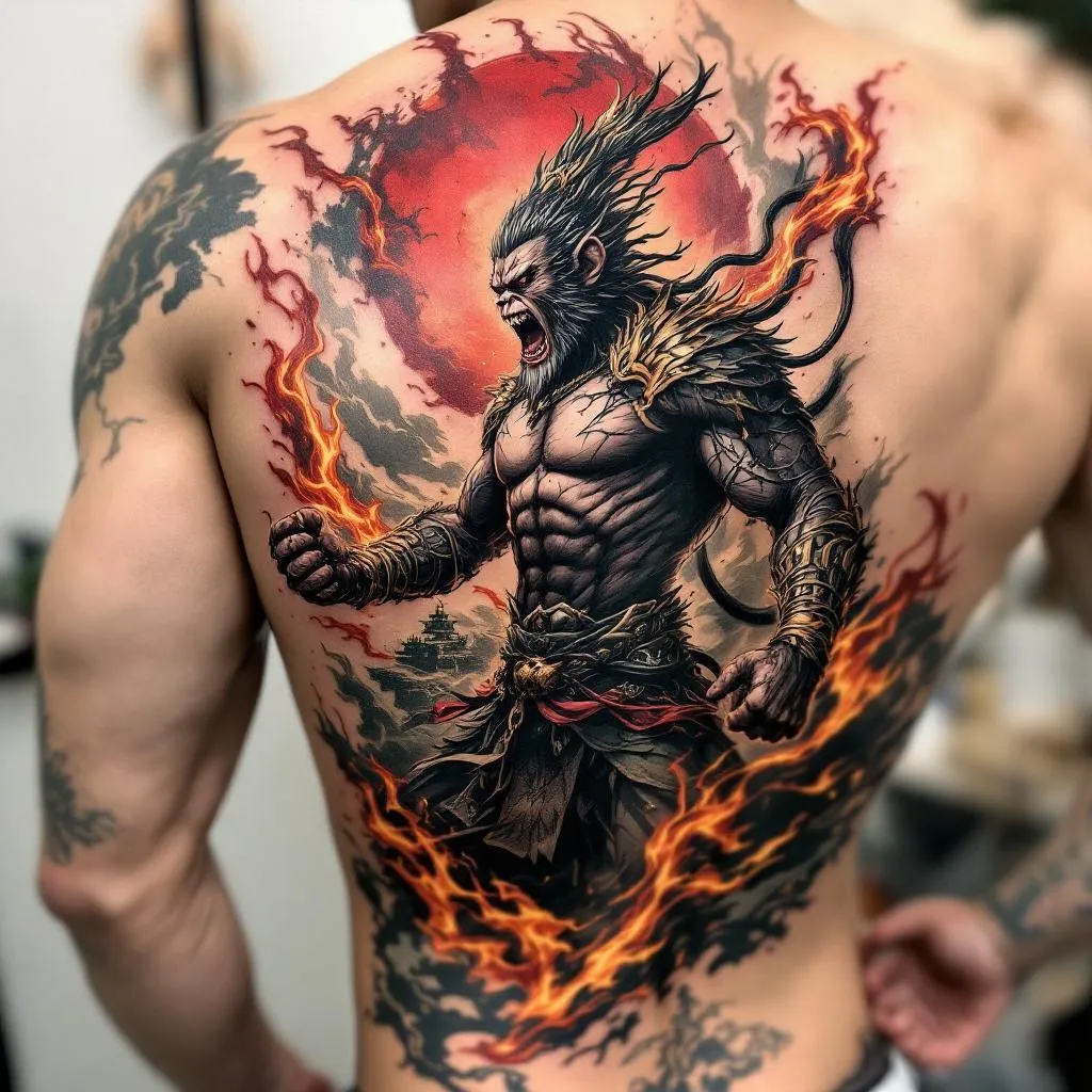 Create a dynamic tattoo design for a male with a medium skin tone. The concept involves the Monkey King, depicted victorious and standing powerfully after a fierce battle, located on the back. The style should embody strength and triumph, capturing the essence of the Monkey King's resilience.