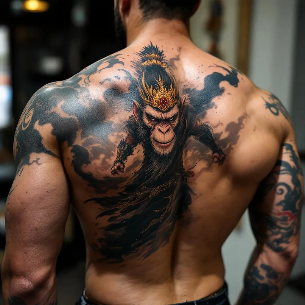 Create a dynamic tattoo design for a male with a medium skin tone. The concept involves the Monkey King, depicted victorious and standing powerfully after a fierce battle, located on the back. The style should embody strength and triumph, capturing the essence of the Monkey King's resilience.