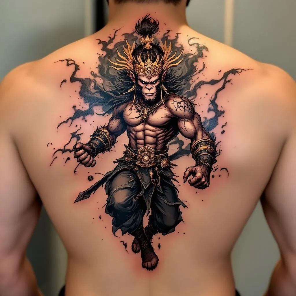 Create a dynamic tattoo design for a male with a medium skin tone. The concept involves the Monkey King, depicted victorious and standing powerfully after a fierce battle, located on the back. The style should embody strength and triumph, capturing the essence of the Monkey King's resilience.