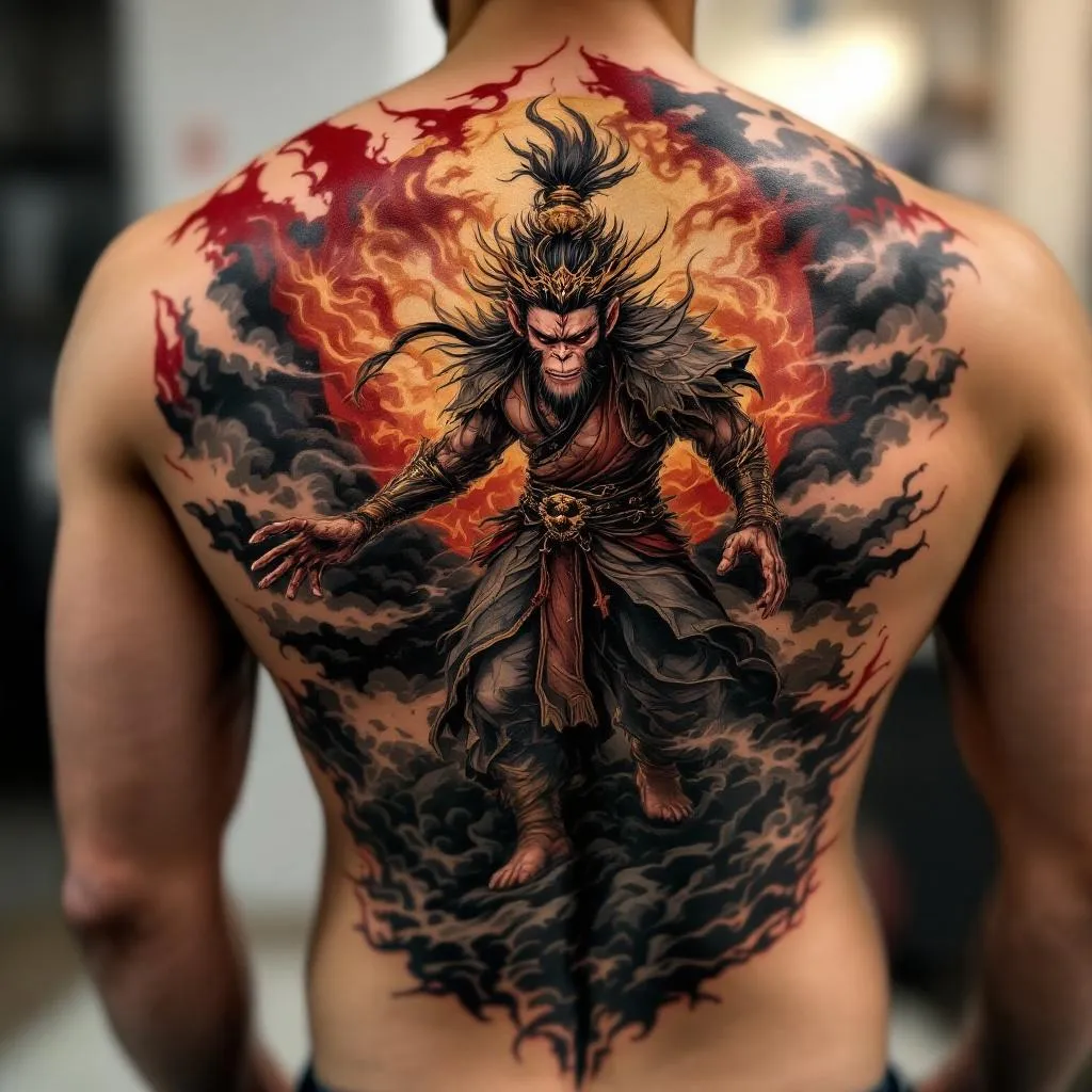 Create a dynamic tattoo design for a male with a medium skin tone. The concept involves the Monkey King, depicted victorious and standing powerfully after a fierce battle, located on the back. The style should embody strength and triumph, capturing the essence of the Monkey King's resilience.