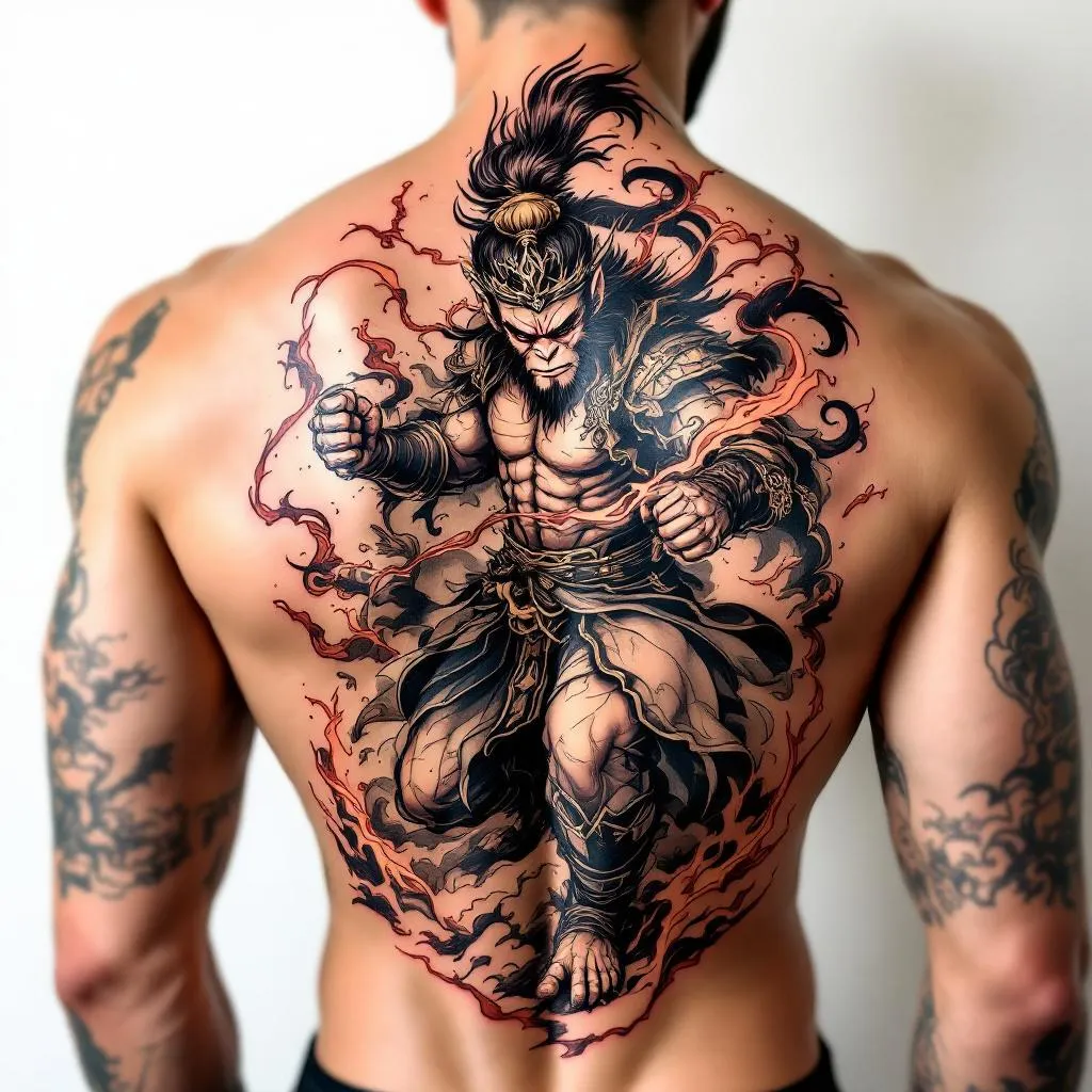 Create a dynamic tattoo design for a male with a medium skin tone. The concept involves the Monkey King, depicted victorious and standing powerfully after a fierce battle, located on the back. The style should embody strength and triumph, capturing the essence of the Monkey King's resilience.