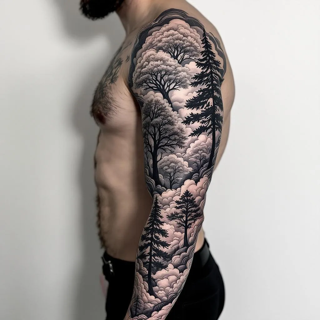 Design a full sleeve tattoo for a medium-skinned male stretching from shoulder to hand. The key elements of this tattoo should be vividly-designed trees and ethereal clouds, all interconnected in an intricate style black tattoo