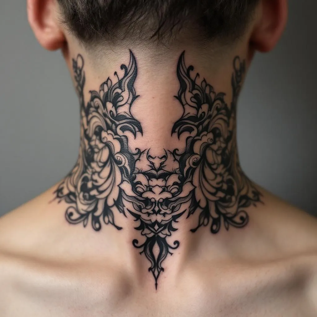 Design a neck tattoo in an intricate style suitable for a male with a medium skin tone black tattoo clouds