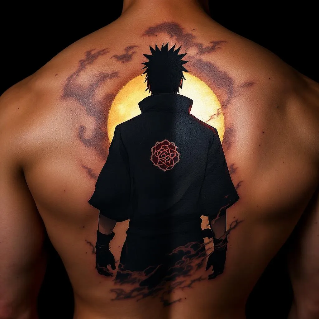 Generate a detailed image of a back tattoo design for a male with medium skin tone. The design should feature Itachi Uchiha from Naruto, standing in front of a glowing moon. The style should be deeply ingrained within the show's aesthetics back tattoo