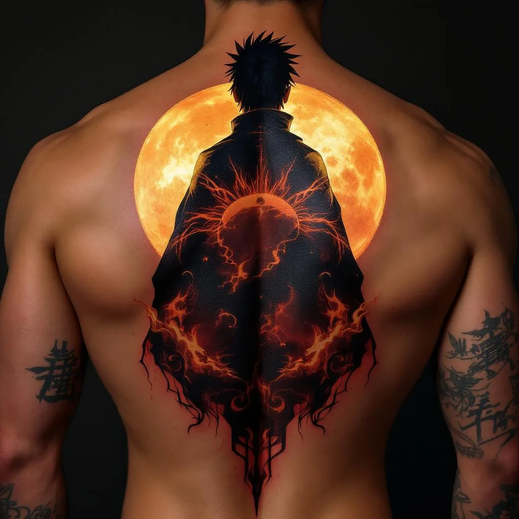 Generate a detailed image of a back tattoo design for a male with medium skin tone. The design should feature Itachi Uchiha from Naruto, standing in front of a glowing moon. The style should be deeply ingrained within the show's aesthetics back tattoo