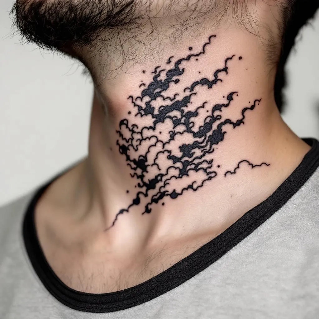 Generate a realistic design for a tattoo inspired by Akatsuki Clouds. This design should sit elegantly on the neck of a male with a medium skin tone. Ensure that the tattoo primarily uses black ink for authenticity.