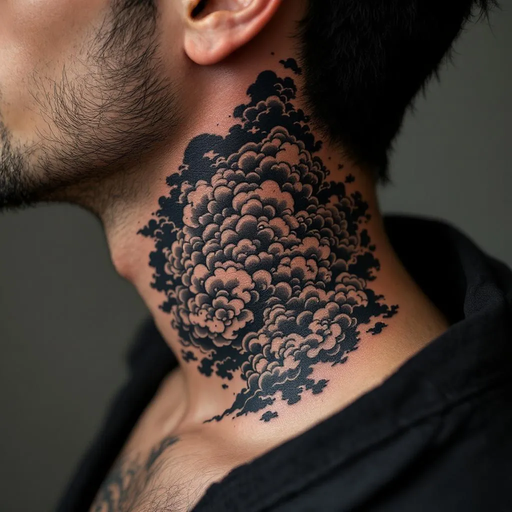 Generate a realistic design for a tattoo inspired by Akatsuki Clouds. This design should sit elegantly on the neck of a male with a medium skin tone. Ensure that the tattoo primarily uses black ink for authenticity.