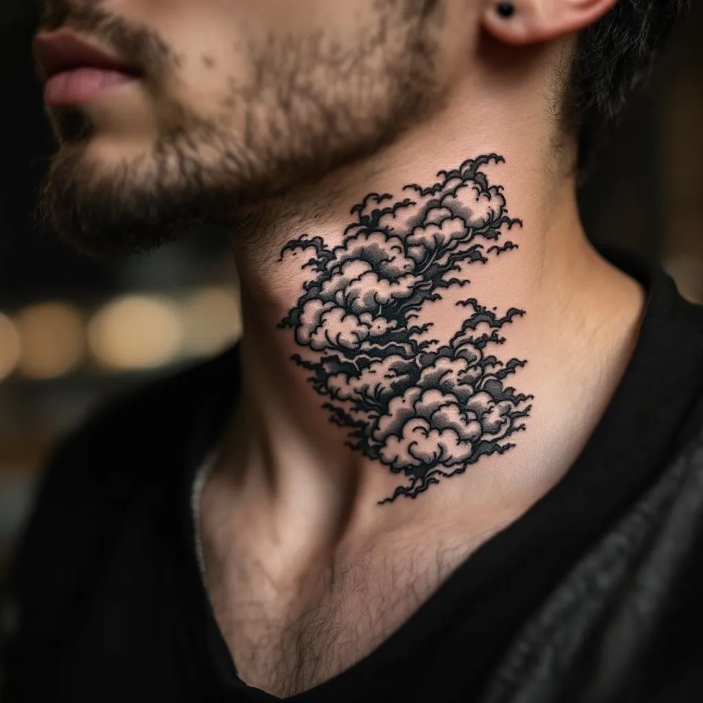 Generate a realistic design for a tattoo inspired by Akatsuki Clouds. This design should sit elegantly on the neck of a male directly under chin with a medium skin tone. Ensure that the tattoo primarily uses black ink for authenticity.