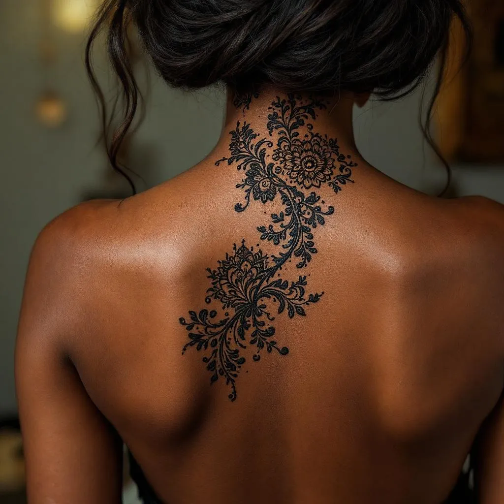 Create a captivating and intricately detailed henna-inspired tattoo that gracefully trails down the spine of a dark-skinned female character. The design must incorporate the word "unwavering" into the pattern, representing her formidable inner strength and tireless resilience. The artistic elements should flow harmoniously, distinctly showcasing the beautiful complexity of henna artistry, while the positioning emphasizes the length and curvature of the wearer's back.
