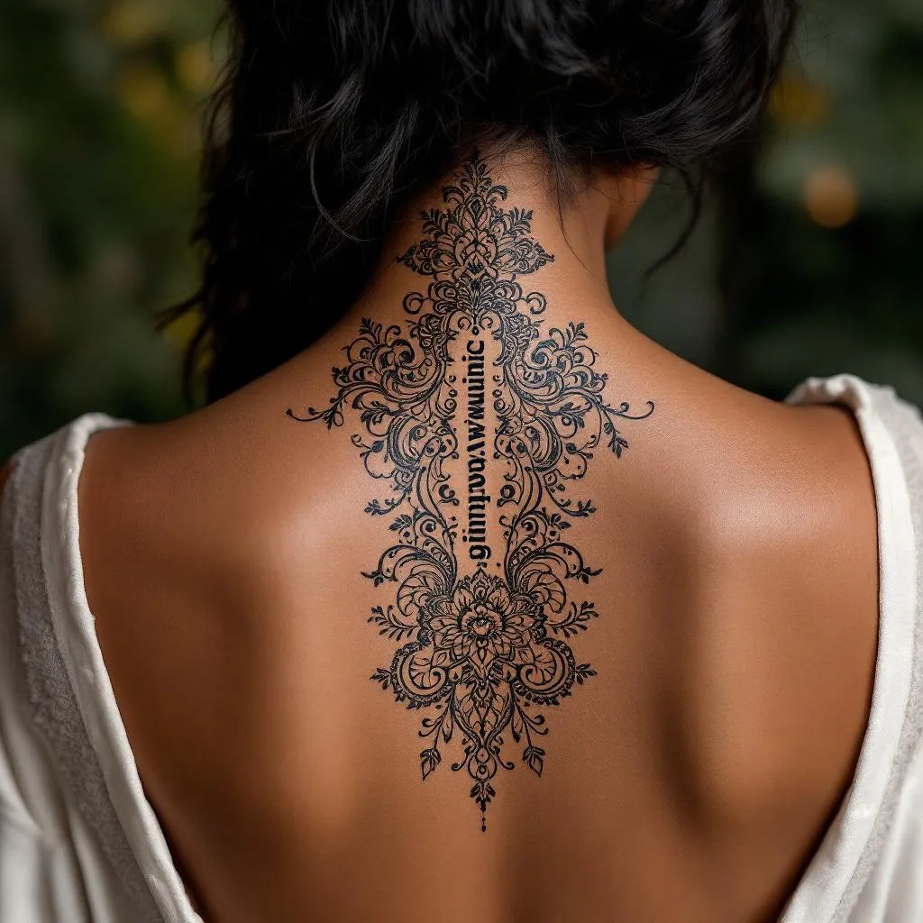 Generate a tattoo design showcasing an exquisite henna-inspired motif that elegantly cascades down the entire length of a dark-skinned female character's spine. Incorporate the term 'unwavering' seamlessly within the intricate pattern as a symbol of her formidable inner fortitude and unwavering resilience. The design should evoke the rich, complex beauty of henna artistry, and the tattoo's positioning on the spine should accentuate the wearer's back contours, thereby creating an impressive visual journey from the base of her neck to her lower back.
