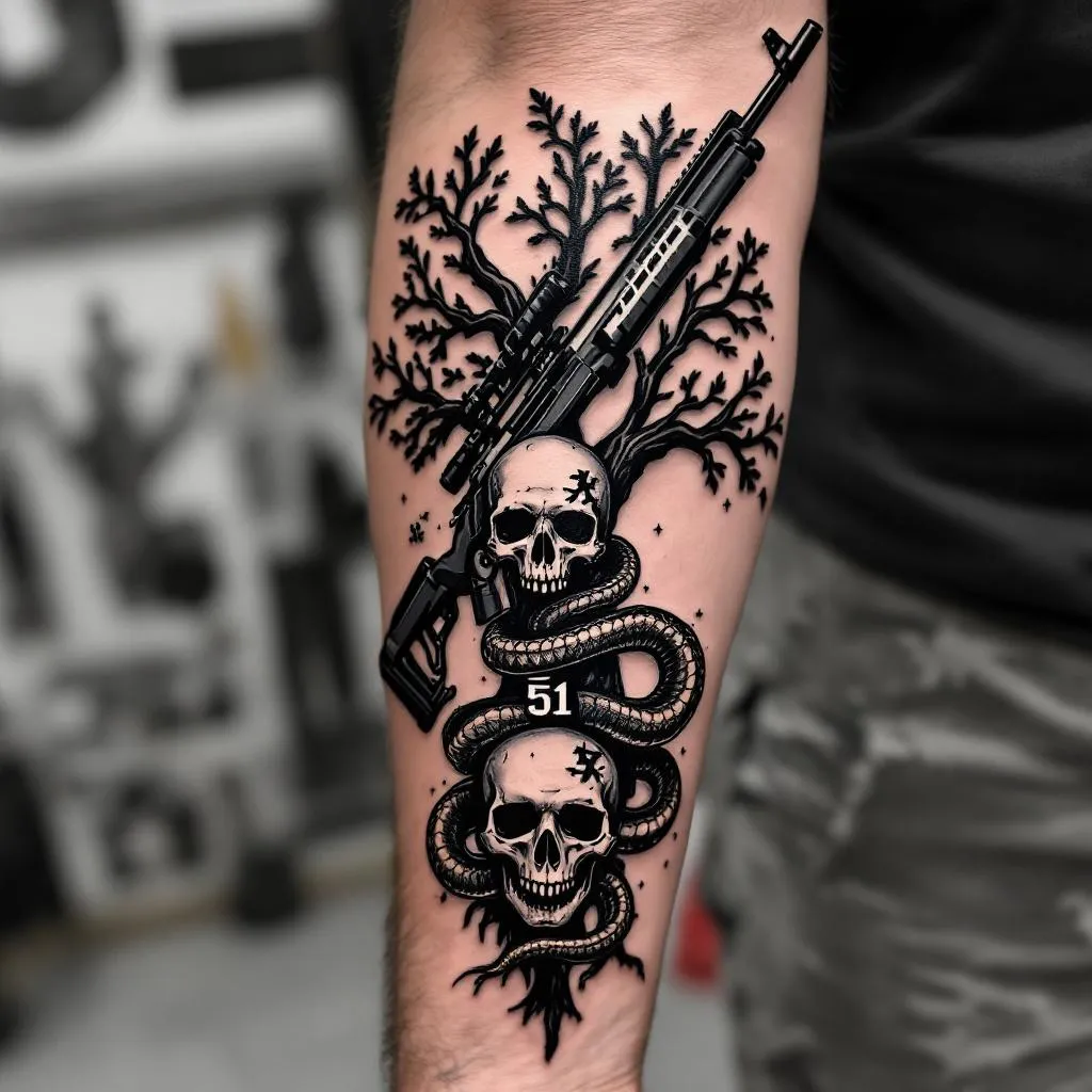 I want a tattoo on the back of my forearm that combines my sniper rifle, the H-S Precision Pro Series 2000 HTR, with the Golani Brigade tree symbol.
The rifle should be integrated into the design, either crossing through the tree or forming part of its trunk.
The number 51 should be included clearly in the composition.
I would also like to add a skull and a snake, symbolizing strength, danger, and resilience.
The style should be realistic or black and grey, with strong contrast and sharp details.
The overall design should feel powerful, tactical, and symbolic, not cartoonish.
