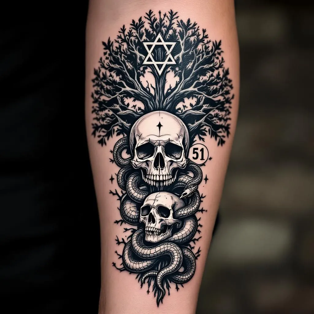 Create a striking tattoo design fit for the back of a male's forearm, epitomizing power, tactical sophistication, and deep symbolism. The main elements include a realistic H-S Precision Pro Series 2000 HTR sniper rifle seamlessly entwined with the iconic Golani Brigade tree symbol. Use the rifle to creatively accentuate the tree, either as a cross-structure or an integral part of the tree trunk. Incorporate a lifelike skull and snake in the design to signify strength, danger, and resilience. The number "51" should be clearly etched within the layout to add an element of personal significance. Employ the signature black and grey realistic style, focusing on high contrast, sharp details whilst ensuring no cartoonish effect. The overall design should harmonize the elements to create a sense of tactical might and symbolic depth on a medium skin tone canvas.
